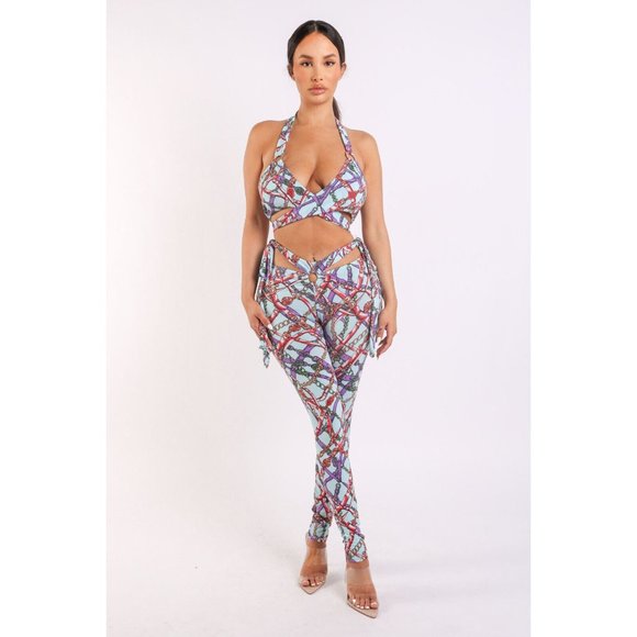 Printed Tie Detailed Halter Neck Front Ring Strap Cute Sexy Party Club Jumpsuit - Picture 6 of 6